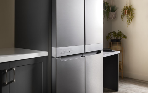 A stainless steel, 4-door refrigerator