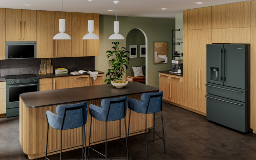 Suite of KitchenAid® Juniper appliances in natural wood cabinetry