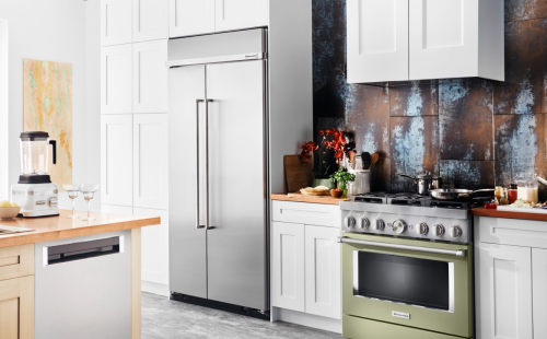 KitchenAid® Side-by-Side Refrigerator in a white kitchen