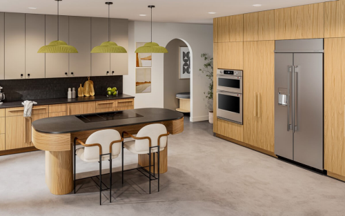 A side-by-side refrigerator in a modern kitchen