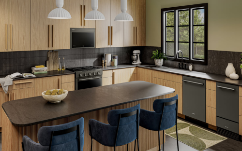 KitchenAid® suite of appliances in light wood cabinetry