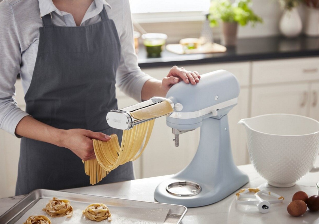 Light blue KitchenAid® stand mixer with pasta cutter attachment