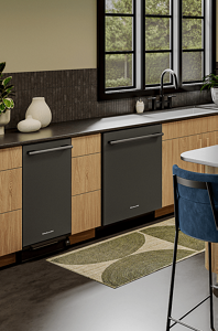 A KitchenAid® trash compactor next to a dishwasher.