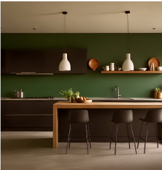 An emerald green eat-in kitchen.