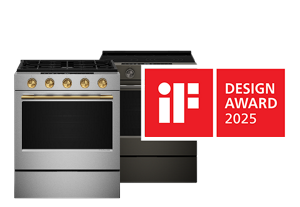 A pair of slide-in ranges with an iF Design Award badge on top.