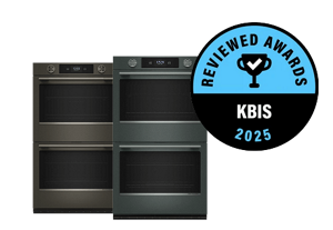 A pair of double wall ovens in Juniper and Black Ore with a Reviewed badge on top.