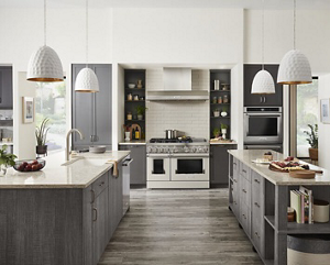 A spacious kitchen with two islands