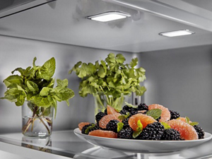 Herbs stored upright in glasses with water on the top shelf of a refrigerator