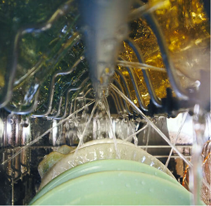 Dishes in a dishwasher wash cycle
